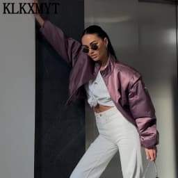 KLKXMYT Fashion Satin Cropped Bomber Jackets For Women 2026 Spring Casual Stand Collar Puff Sleeve Zipper Lady Streetwear Coat