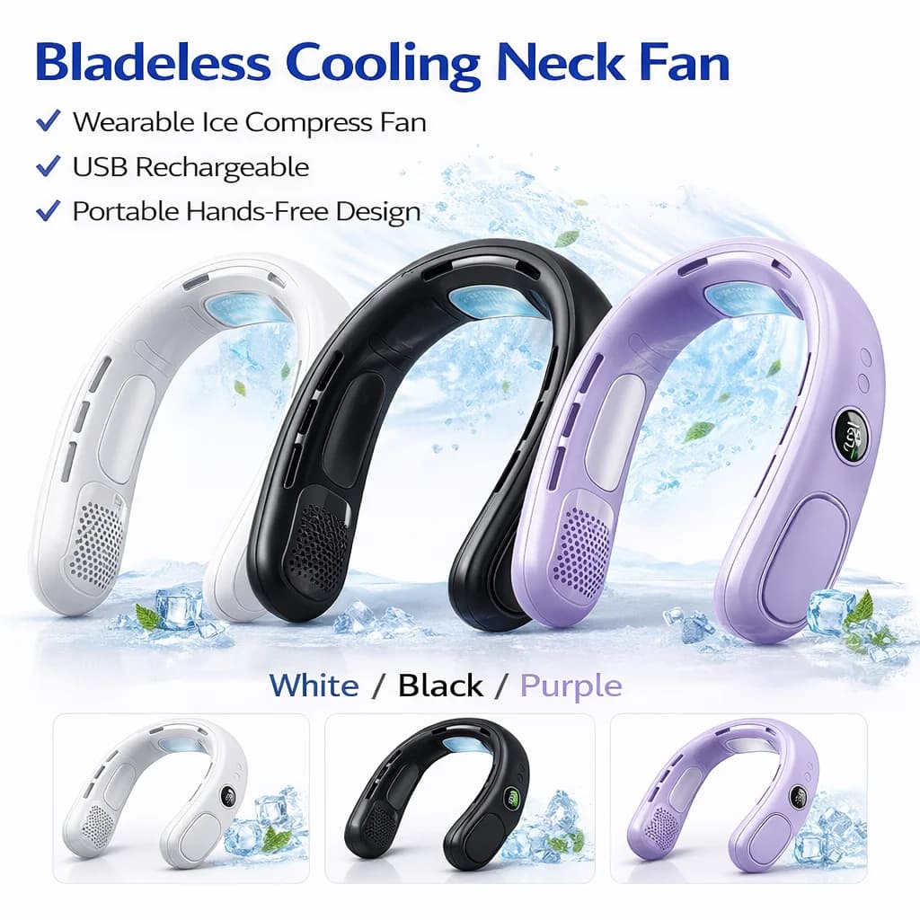 Portable Bladeless Neck Fan with TEC Cooling, 5-Speed Adjustable, USB Rechargeable Hands-Free Wearable Fan for Outdoor Travel