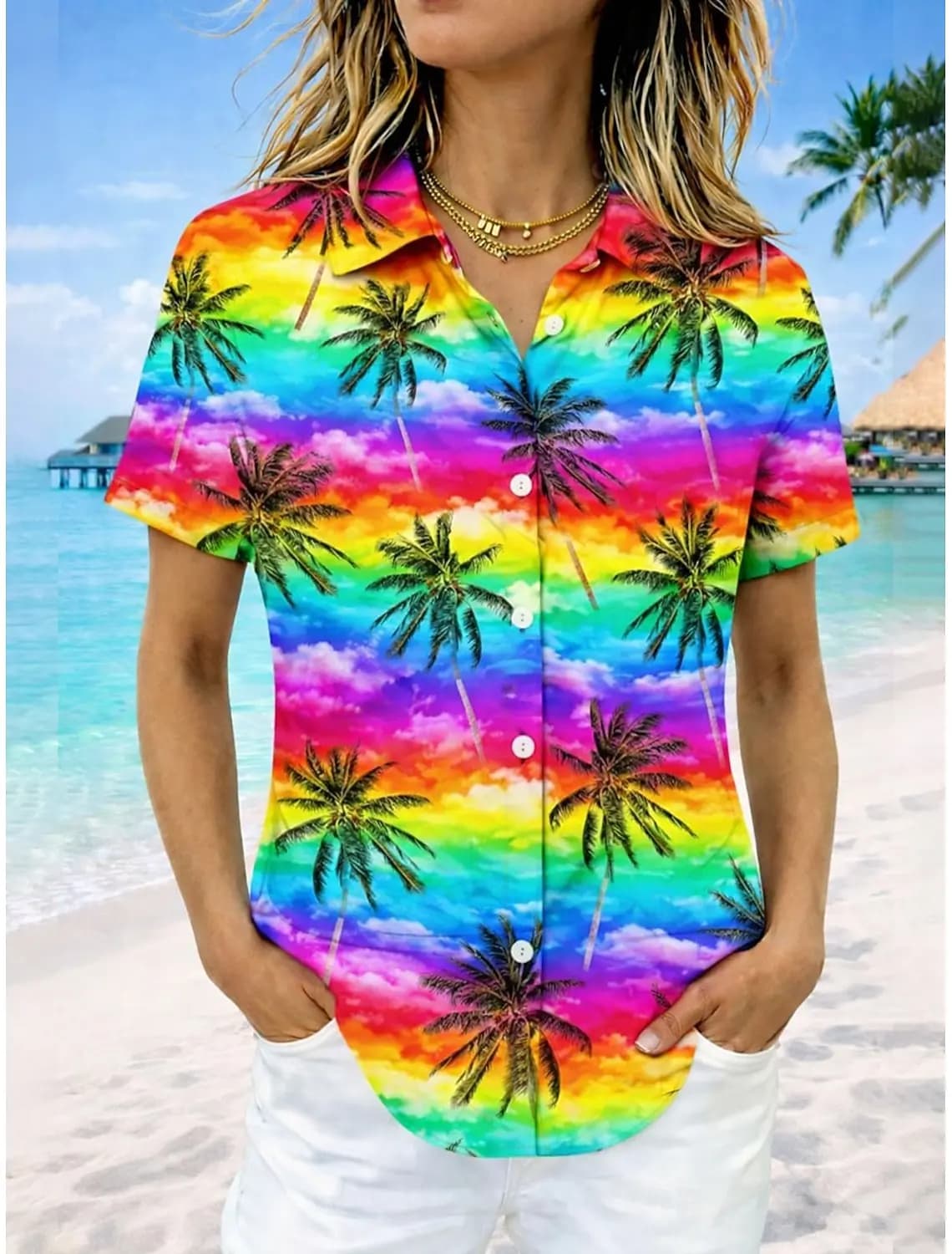 Women's Hawaiian Rainbow Flower Palm Tree Print Lapel Shirt Short Sleeve Button Down Casual Tops Summer Beach Wear Lightweight
