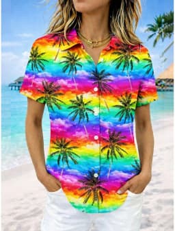 Women's Hawaiian Rainbow Flower Palm Tree Print Lapel Shirt Short Sleeve Button Down Casual Tops Summer Beach Wear Lightweight