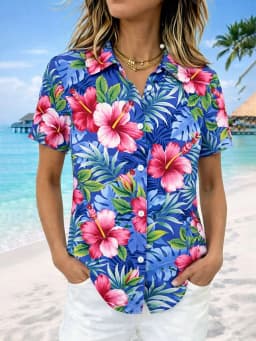 Women's Hawaiian Rainbow Flower Palm Tree Print Lapel Shirt Short Sleeve Button Down Casual Tops Summer Beach Wear Lightweight