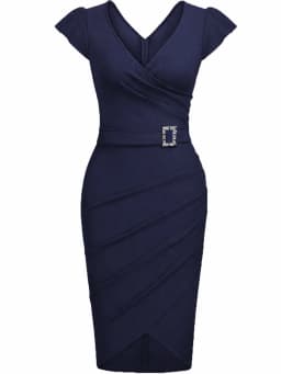 Women's Elegant V-Neck Short Sleeve Summer Cocktail Evening Party Knee-Length Dress Pleat Bodycon Robe Vestido