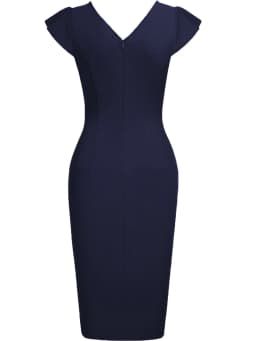 Women's Elegant V-Neck Short Sleeve Summer Cocktail Evening Party Knee-Length Dress Pleat Bodycon Robe Vestido