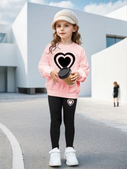 Fashion Girls 2 Pack Heart Graphic Sweatshirt Set Black Crewneck Top & Leggings Street Style Clothing