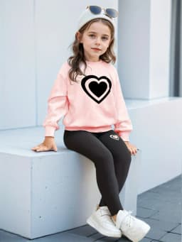 Fashion Girls 2 Pack Heart Graphic Sweatshirt Set Black Crewneck Top & Leggings Street Style Clothing