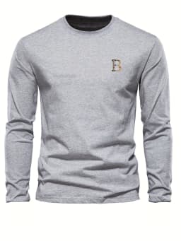 Men's 100% Pure Cotton Loose and Fashionable Letter Pattern Printed Sports and Leisure Round Neck Long Sleeved T-Shirt