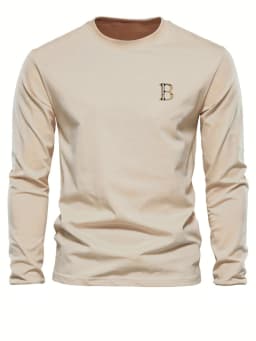 Men's 100% Pure Cotton Loose and Fashionable Letter Pattern Printed Sports and Leisure Round Neck Long Sleeved T-Shirt