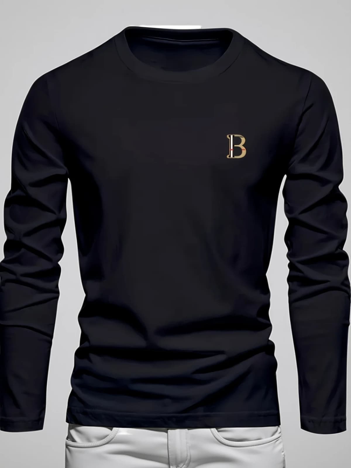 Men's 100% Pure Cotton Loose and Fashionable Letter Pattern Printed Sports and Leisure Round Neck Long Sleeved T-Shirt