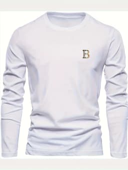 Men's 100% Pure Cotton Loose and Fashionable Letter Pattern Printed Sports and Leisure Round Neck Long Sleeved T-Shirt