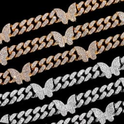 Hip Hop Butterfly Cuban Link Chain Necklace for Men Women, Iced Out Rhinestone Miami Chain, Unisex Bling Jewelry Gift