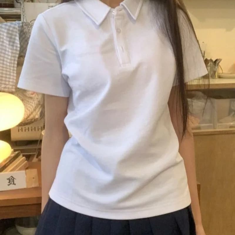 Summer Women's Polo Shirt Short Sleeve Skinny Slim Solid Japanese Preppy Style Uniform Tshirt White Basic Button Casual Top Tees