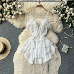 Ruffles Sweet Cake Lace Dress Women Strap Lace Up Backless Mesh Sexy Fashion Party Mini Comfortable Dress