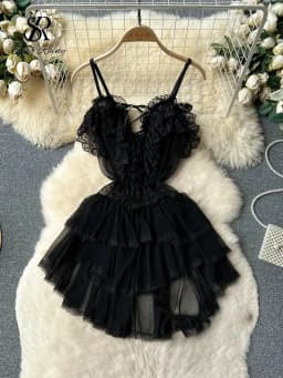 Ruffles Sweet Cake Lace Dress Women Strap Lace Up Backless Mesh Sexy Fashion Party Mini Comfortable Dress