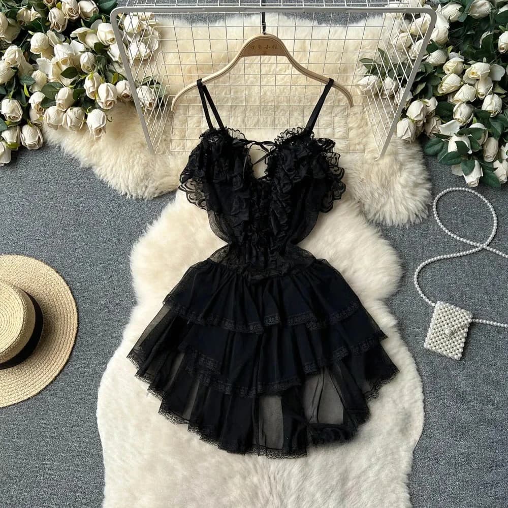 Ruffles Sweet Cake Lace Dress Women Strap Lace Up Backless Mesh Sexy Fashion Party Mini Comfortable Dress