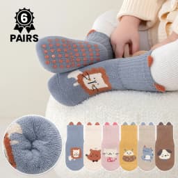 6 Pairs Cute Cartoon-Pattern Baby Anti-Slip Socks, Kid's Thick Looped Material Floor Socks, Warm Walking Socks