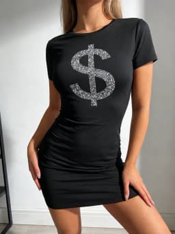 Lady's Elegant Dollar Sign Pattern Printed Dress - Machine Washable, Suitable for All Seasons, Fashionable and Luxurious