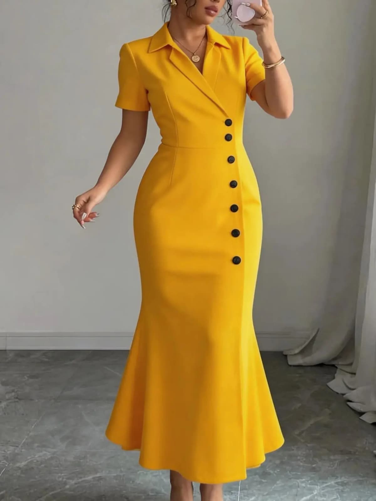 Elegant Solid Color Short Sleeve Button-Up Neck Midi Dress Casual Slimming Women's Dress Waist-Cinching Slimming