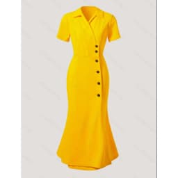 Elegant Solid Color Short Sleeve Button-Up Neck Midi Dress Casual Slimming Women's Dress Waist-Cinching Slimming