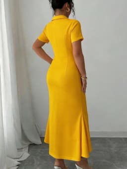 Elegant Solid Color Short Sleeve Button-Up Neck Midi Dress Casual Slimming Women's Dress Waist-Cinching Slimming