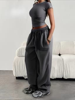 Women's Wide Leg Pants - Thickened Version; Light Grey and Black with Elastic Waistband. Casual Fashionable Style Autumn Winter