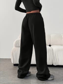 Women's Wide Leg Pants - Thickened Version; Light Grey and Black with Elastic Waistband. Casual Fashionable Style Autumn Winter