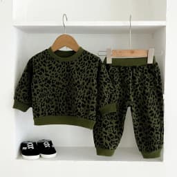 Trendy children's fashion leopard print round-neck long-sleeved spring and autumn set, baby coat, pure cotton sportswear and tre