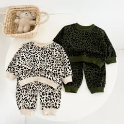 Trendy children's fashion leopard print round-neck long-sleeved spring and autumn set, baby coat, pure cotton sportswear and tre