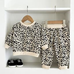 Trendy children's fashion leopard print round-neck long-sleeved spring and autumn set, baby coat, pure cotton sportswear and tre
