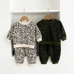 Trendy children's fashion leopard print round-neck long-sleeved spring and autumn set, baby coat, pure cotton sportswear and tre