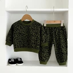 Trendy children's fashion leopard print round-neck long-sleeved spring and autumn set, baby coat, pure cotton sportswear and tre
