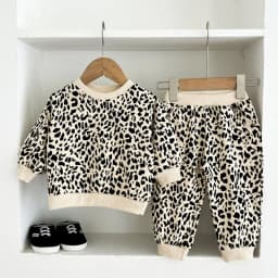Trendy children's fashion leopard print round-neck long-sleeved spring and autumn set, baby coat, pure cotton sportswear and tre
