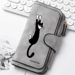 Featuring a cat motif this women's long wallet offers multiple card slots a coin pocket and a cell phone pouch A perfect gift