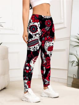 Ladies' high-waisted skeleton rose print elastic breathable fitness outdoor sports base pants