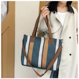 New style Big bag, women's new striped canvas bag, commuting tote bag, trendy single shoulder crossbody bag, versatile mommy bag