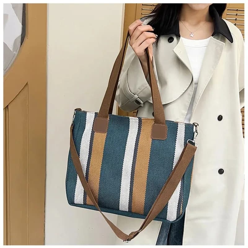 New style Big bag, women's new striped canvas bag, commuting tote bag, trendy single shoulder crossbody bag, versatile mommy bag