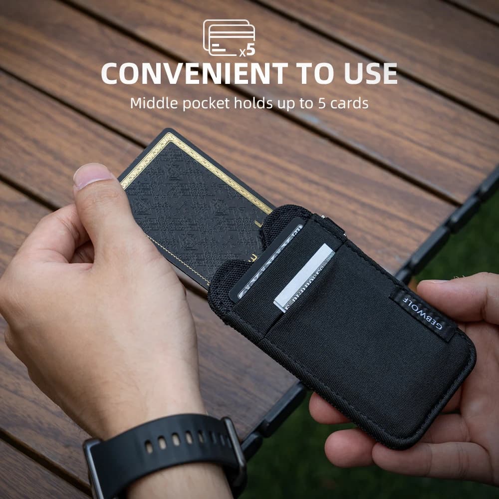 Slim Card Holder Wallet with RFID Blocking, Elastic Pocket - Minimalist 5+ Card Holder, Keyring & ID Slot for Men Women
