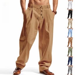 Men's Boho Linen Blend Wide Leg Pants High Waist Drawstring Button Fly Loose Fit Trousers with Side Pockets