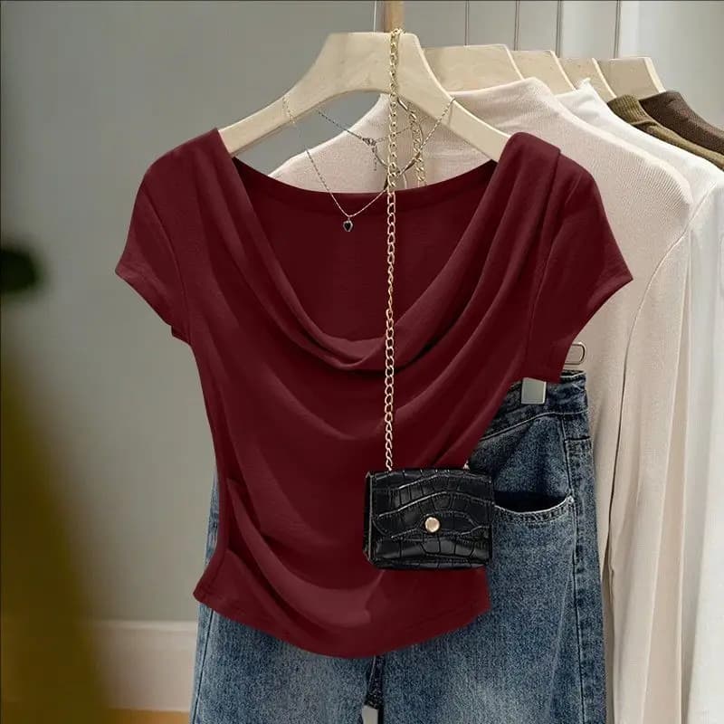 New Summer Women's Design Casual Solid Color Top Slim Fit Irregular Versatile Short Sleeved T-shirt Korean Fashion Niche Style