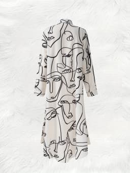 Abstract Face Line Print Long Sleeve Midi Dress for Women Vacation Style Casual Summer Dress Fashionable Loose Fit A-Line