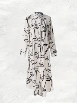 Abstract Face Line Print Long Sleeve Midi Dress for Women Vacation Style Casual Summer Dress Fashionable Loose Fit A-Line