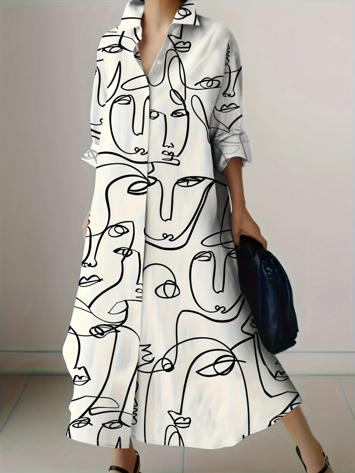 Abstract Face Line Print Long Sleeve Midi Dress for Women Vacation Style Casual Summer Dress Fashionable Loose Fit A-Line