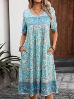 Summer Women's Short-Sleeve Midi-Length Bohemian Style Floral Print Dress - Casual & Relaxed