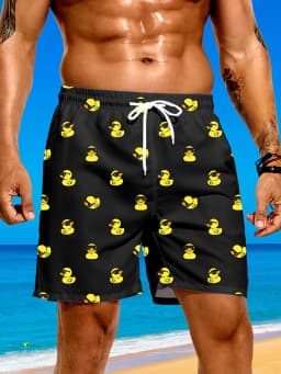 Men's Cute Rubber Duck Print Swim Trunks Quick Dry 2 in 1 Board Shorts Loose Fit Beach Pants for Swimming Surfing Vacation