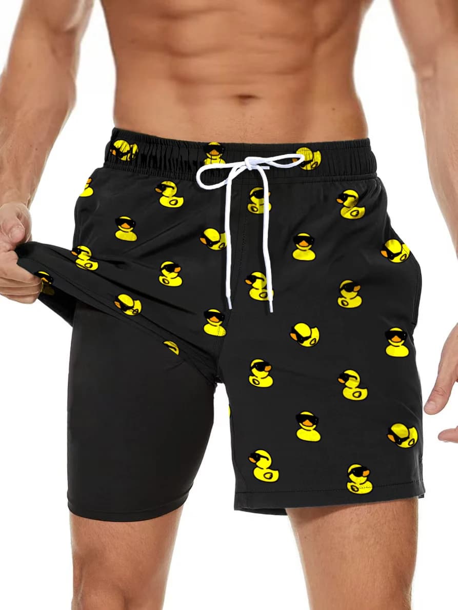 Men's Cute Rubber Duck Print Swim Trunks Quick Dry 2 in 1 Board Shorts Loose Fit Beach Pants for Swimming Surfing Vacation