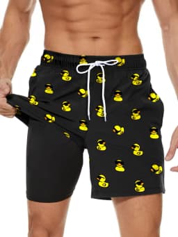 Men's Cute Rubber Duck Print Swim Trunks Quick Dry 2 in 1 Board Shorts Loose Fit Beach Pants for Swimming Surfing Vacation