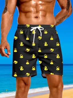 Men's Cute Rubber Duck Print Swim Trunks Quick Dry 2 in 1 Board Shorts Loose Fit Beach Pants for Swimming Surfing Vacation