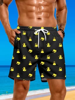 Men's Cute Rubber Duck Print Swim Trunks Quick Dry 2 in 1 Board Shorts Loose Fit Beach Pants for Swimming Surfing Vacation