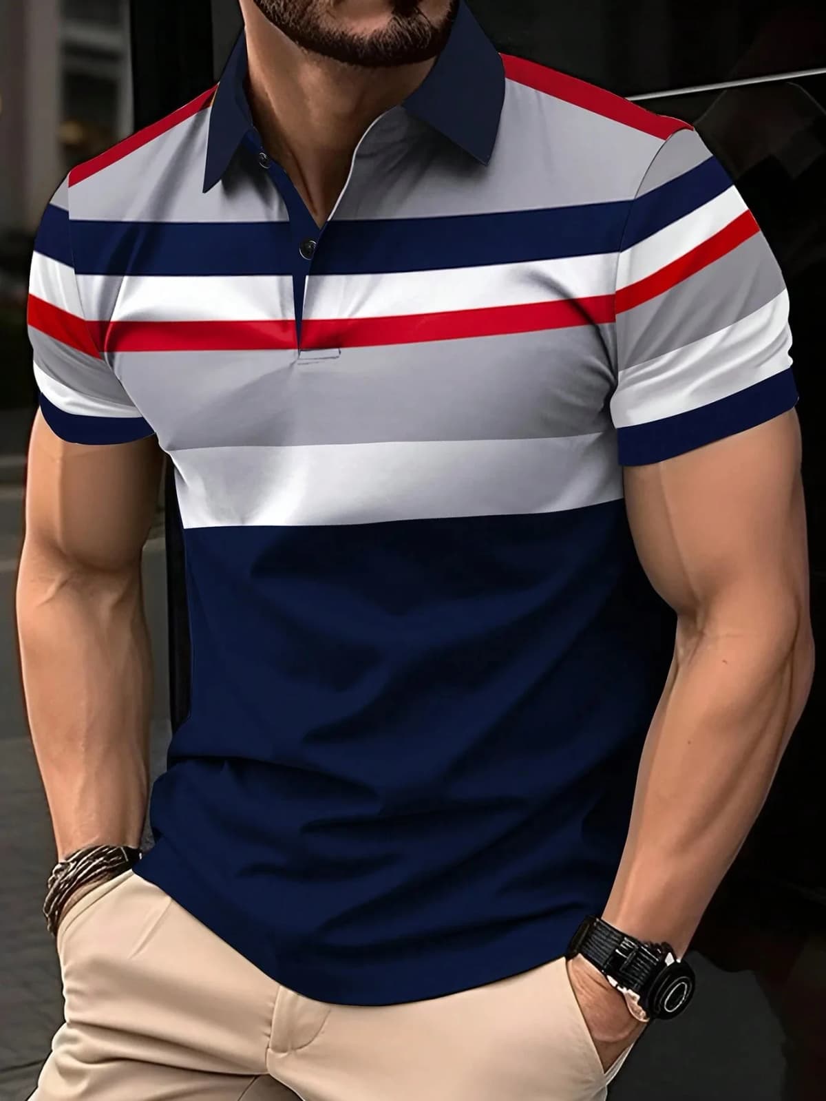 2026 Summer Men's Button-down Polo Shirt with Stripes Print Breathable Lightweight Casual Fashionable Outdoor Men's Clothing