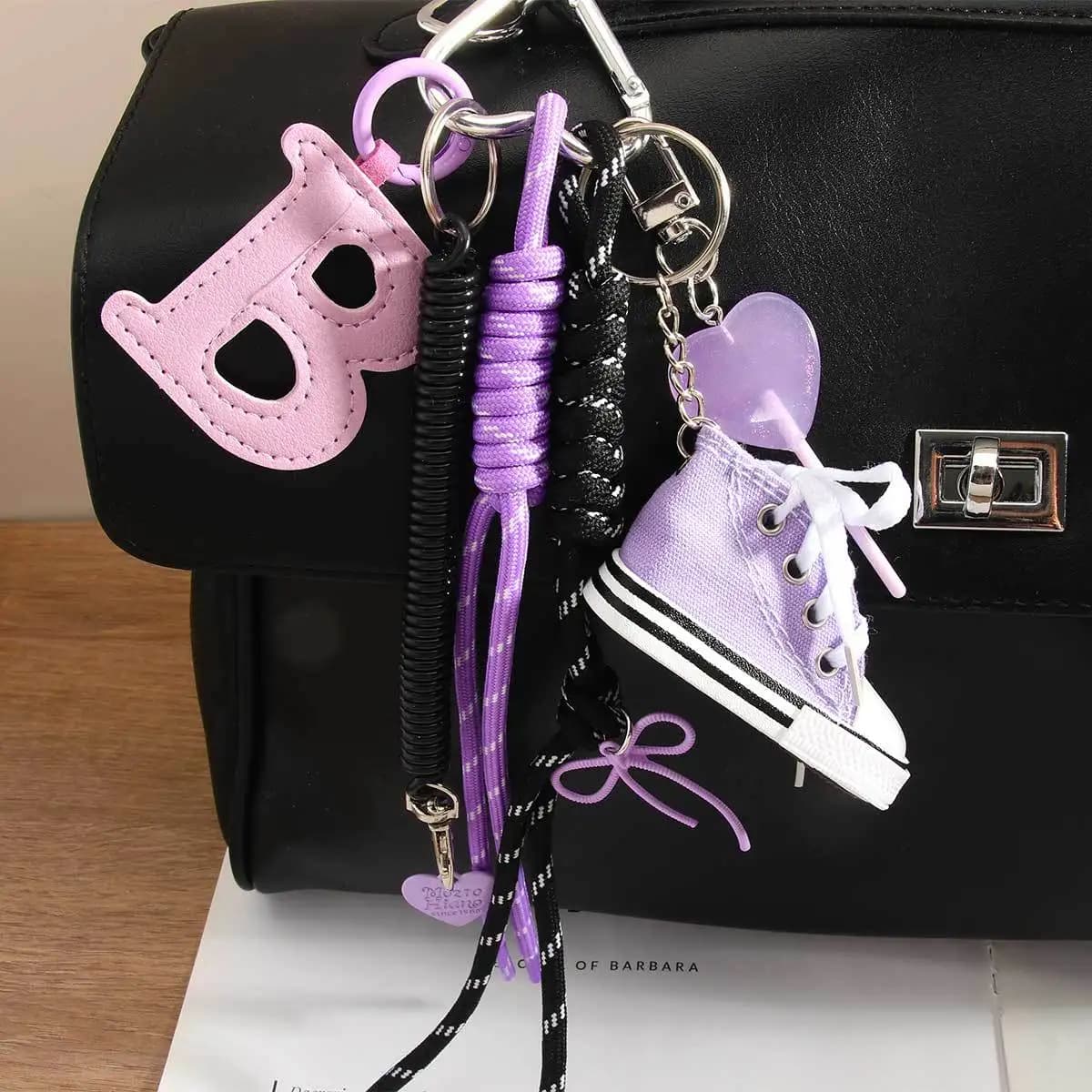 Trendy Purple Canvas Shoe Keychain – Kawaii Aesthetic Bag Accessory with B Letter & Heart Pendants