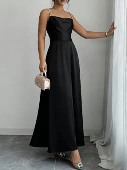 Women's Black Satin Maxi Dress Beaded Spaghetti Strap Square Neck High Waist A Line Elegant Spring Summer Party Evening Dress